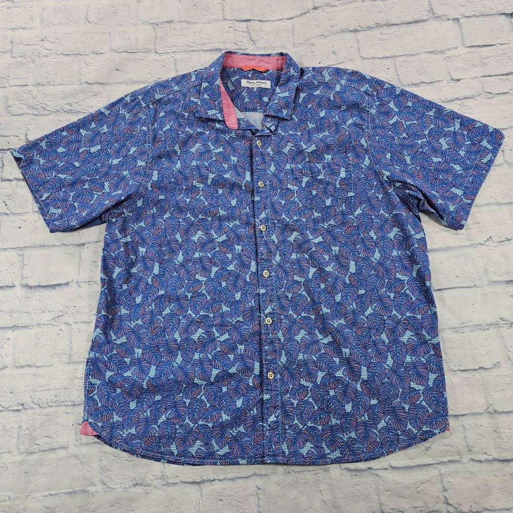 Tommy Bahama Nova Wave Shirt MENS XL Blue Tropical Leaf Cotton Stretch Button Up